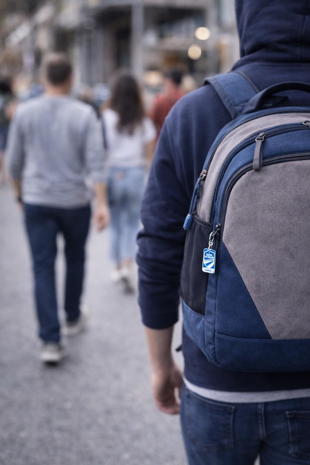 Junge mit FanTAG Anh&auml;nger am Rucksack